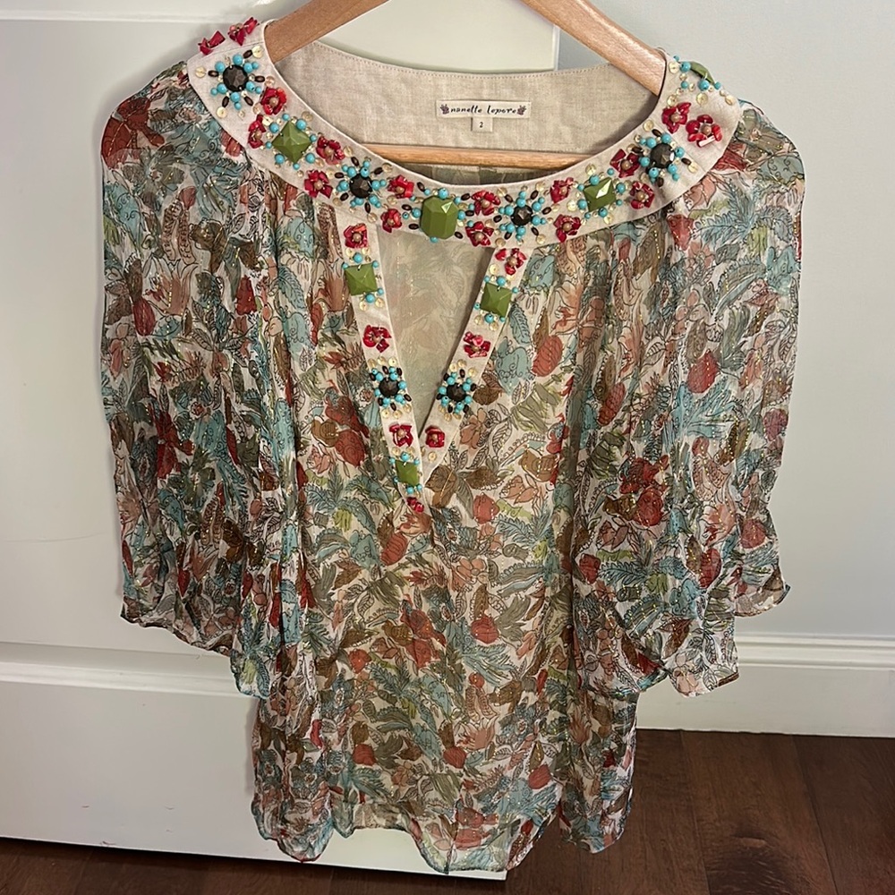Women's Floral Sheer Top with Embellished Neckline